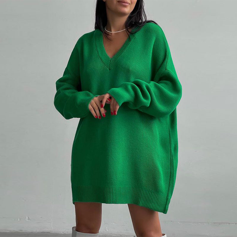 Solid V-Neck Long Knit Sweater