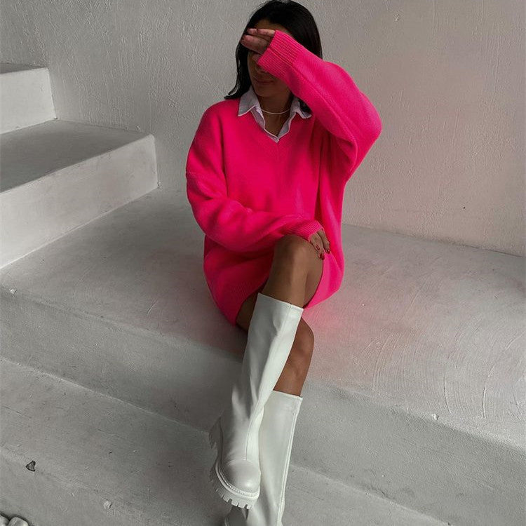Solid V-Neck Long Knit Sweater
