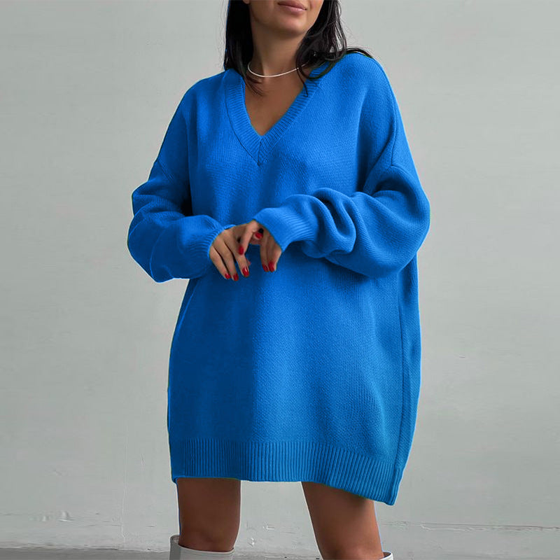 Solid V-Neck Long Knit Sweater