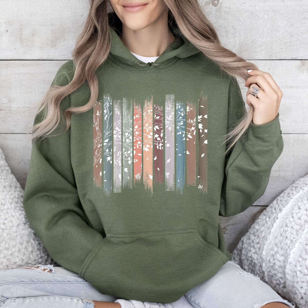 Falling Leaves Botanical Stripes Hoodie