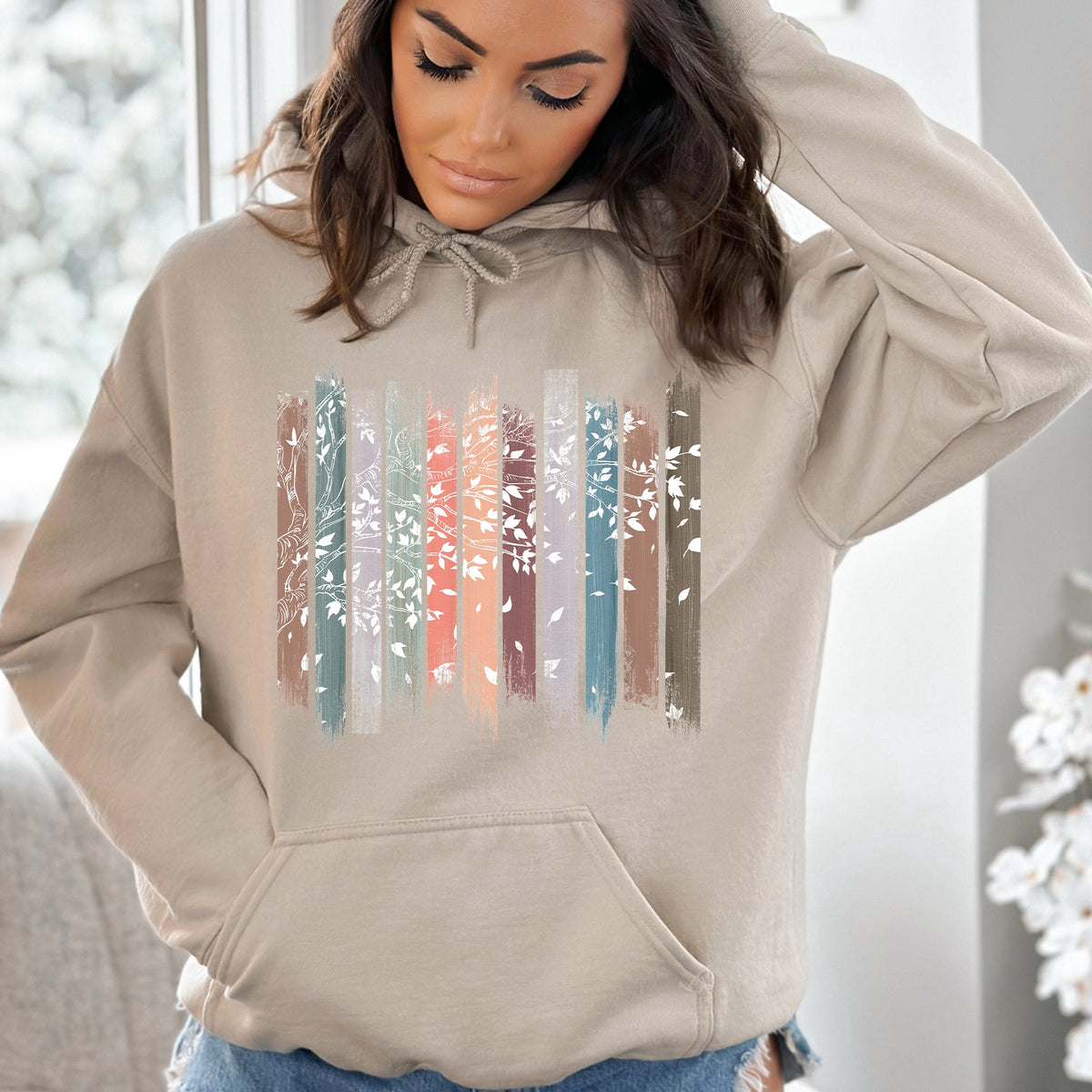 Falling Leaves Botanical Stripes Hoodie