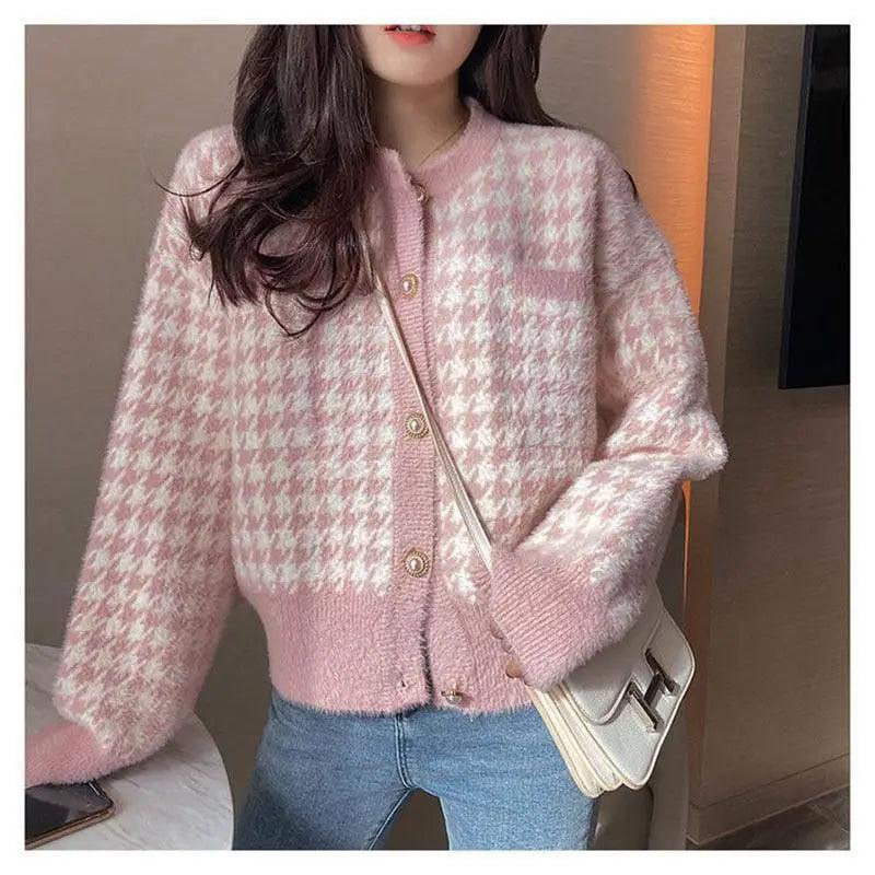 Plaid Open-Front Knit Cardigan