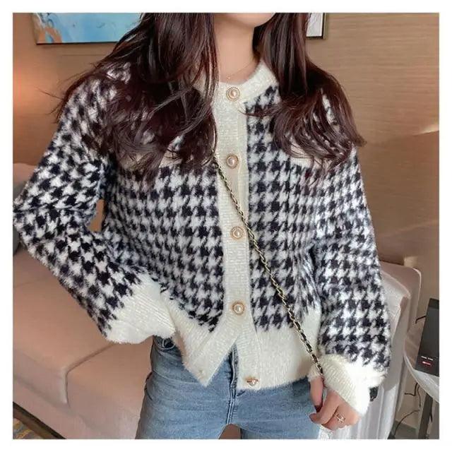 Plaid Open-Front Knit Cardigan