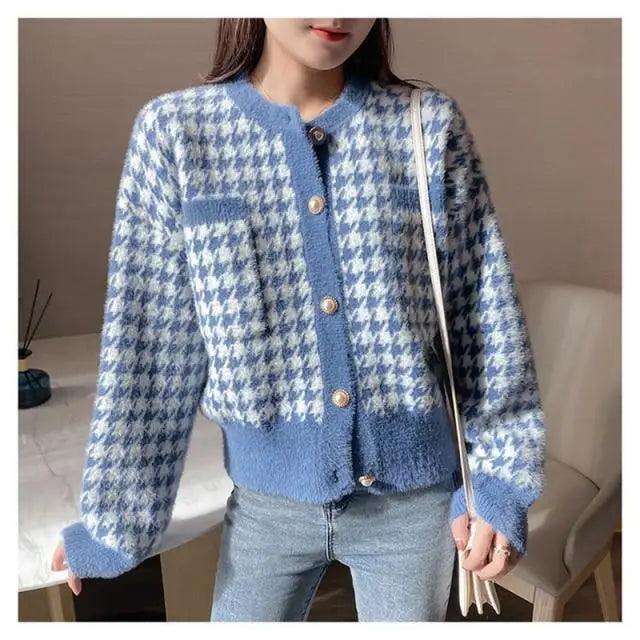 Plaid Open-Front Knit Cardigan