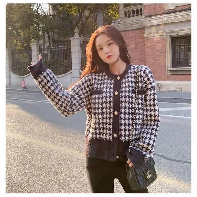 Plaid Open-Front Knit Cardigan